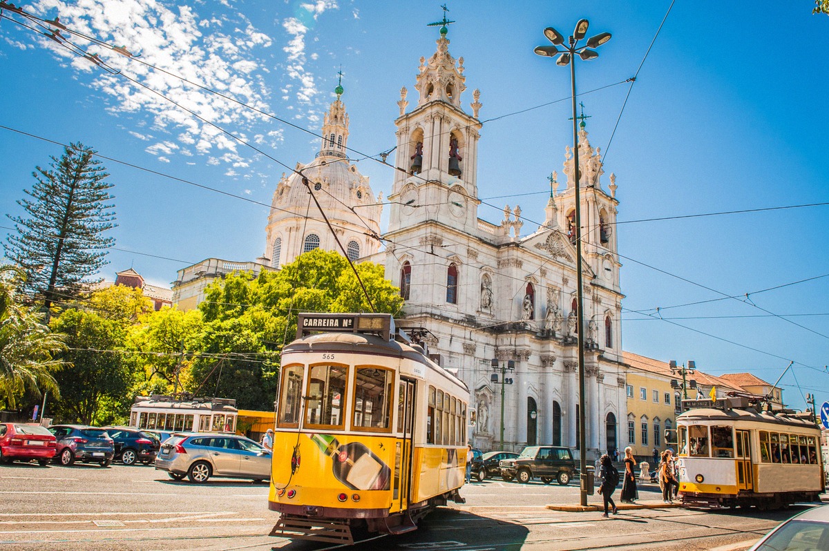 Yellow historic tram line 28 in the old town